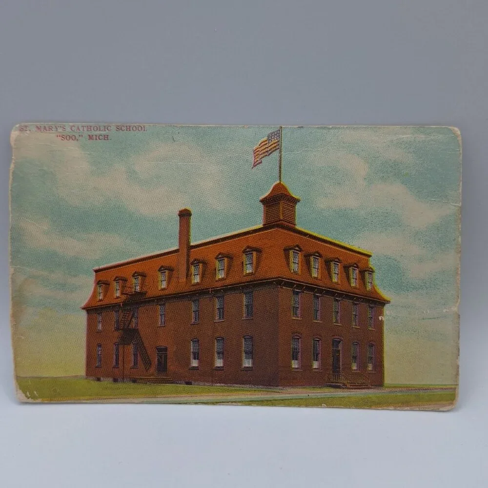 St Marys Catholic School Soo Mich Vintage Postcard 1910s Posted Postmark Antique